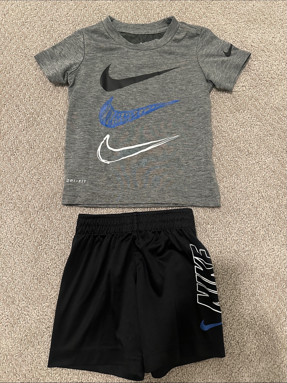 Nike Kids Gray and Black Short Set with Blue and White Swooshes